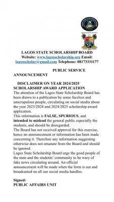 Lagos State Scholarship Board disclaimer notice on award application for 2024/2025 year