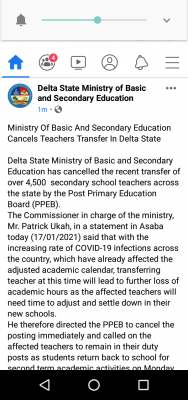 Delta State ministry of basic and secondary education cancels teachers' transfer