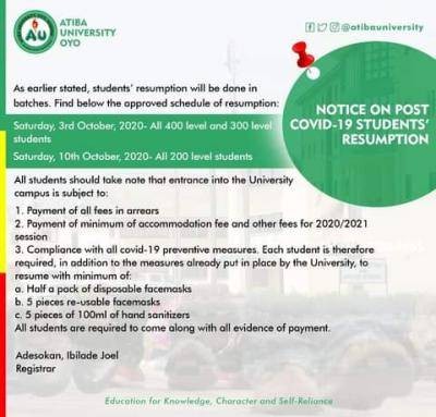 Atiba university announces resumption date