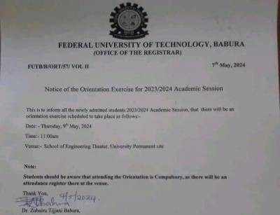 Fed University of Tech. Babura notice of the orientation exercise, 2023/2024