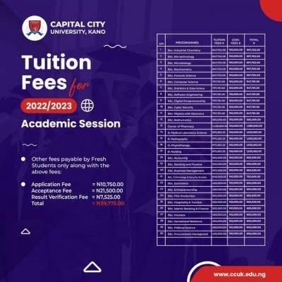 Capital City University schedule of fees, 2022/2023