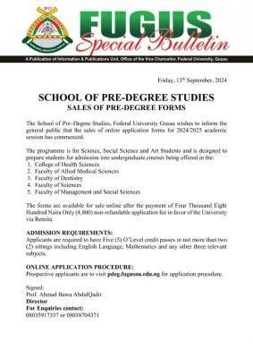 Federal University Gusau commences sales of Pre-Degree form, 2024/2025