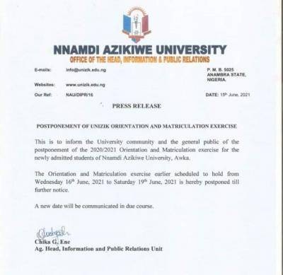 UNIZIK postpones 2020/2021 matriculation exercise