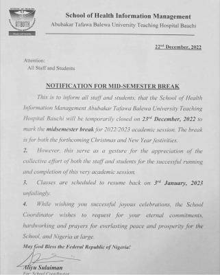 School of Health Information Management, ATBUTH notice on Mid-semester break