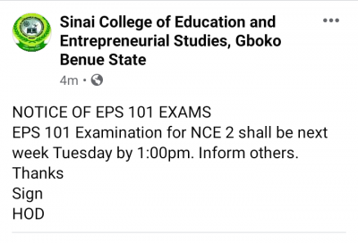 Sinai College Of Education notice on EPS 101 examination