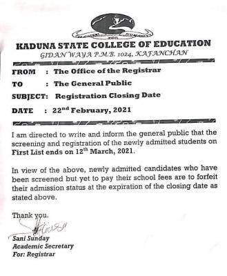 Kaduna State COE, Kafanchan registration deadline for new students