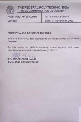 Fed Poly, Bida Mass Comm. Department notice on HND II Project Defense