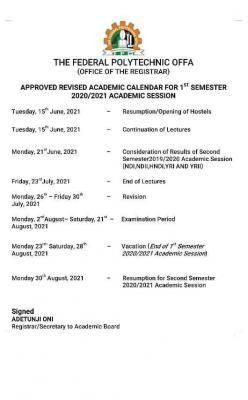 Fed Poly Offa announces resumption, publishes revised academic calendar