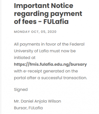 Federal University of Lafia: Important Notice regarding payment of fees