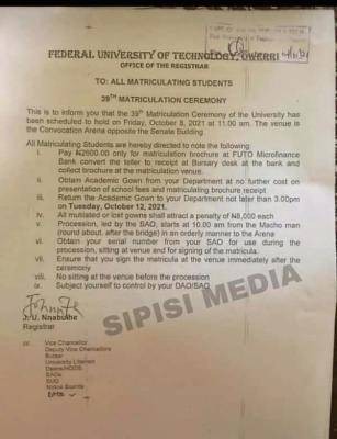 FUTO announces 39th Matriculation Ceremony