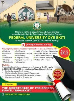 FUOYE Pre-degree Admission, 2023/2024 Announced