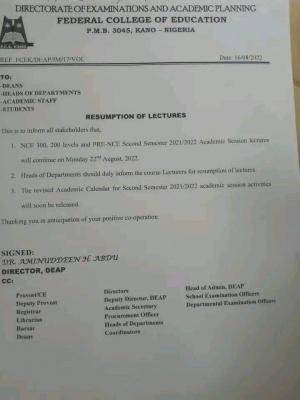 FCE, Kano notice on resumption of lectures