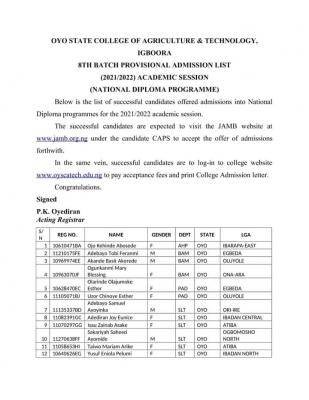 OYSCATECH releases 8th batch ND admission list, 2021/2022