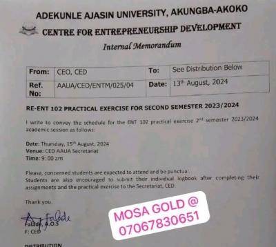 AAUA schedule for ENT 102 2nd semester practical, 2023/2024