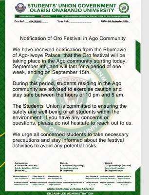 OOU SUG notice to students regarding the Oro Festival in Ago Community