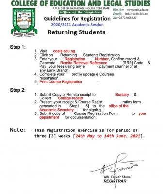 College of Education and Legal Studies, Nguru returning students' registration procedure, 2020/2021