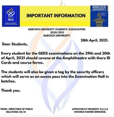 Babcock University notice to students on GEDS examination