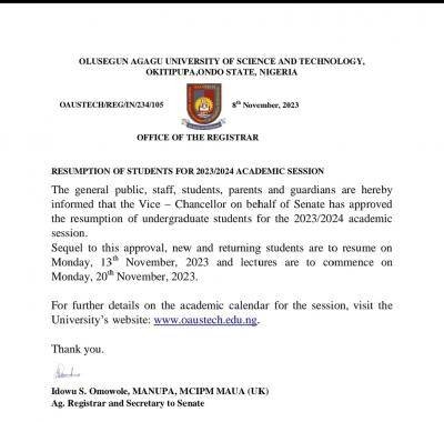 OAUSTECH notice on resumption, 2023/2024