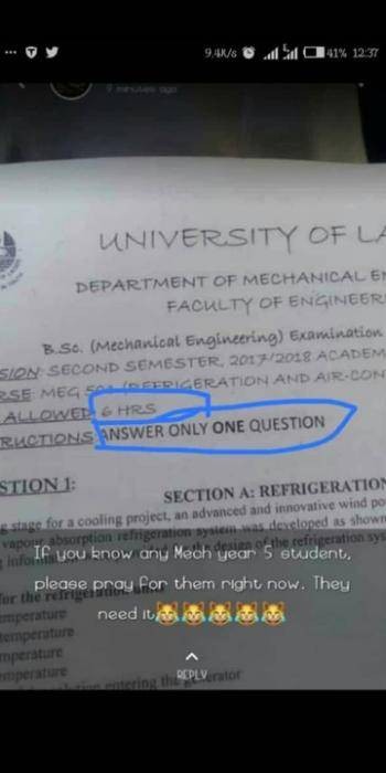 Viral photo of UNILAG Exam Question Paper That Got People Talking