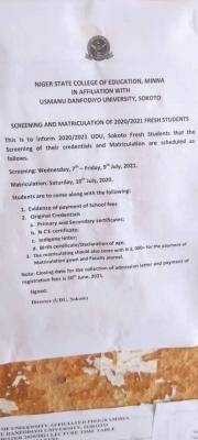 Niger State COE (UDUS affiliated) notice to new students on screening and matriculation