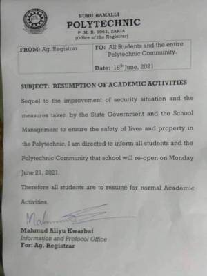 NUBAPOLY announces resumption of academic activities