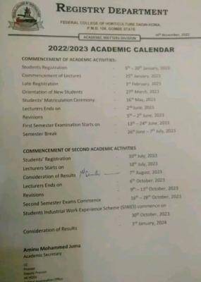 Federal College of Horticulture, Dadin Kowa approved academic calendar, 2022/2023