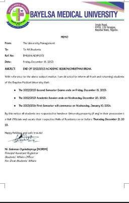 BMU notice of Christmas break and end of 2022/2023 academic session