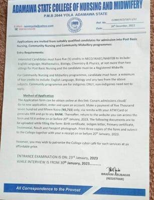 Adamawa College of Nursing and Midwifery admission form, 2023/2024 (Stream A Edition)