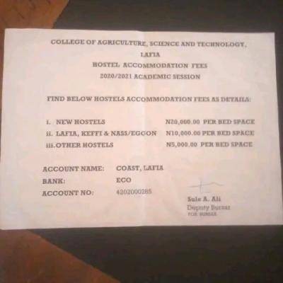 College of Agriculture, Lafia Hostel Accommodation fee schedule for 2022/2023 session