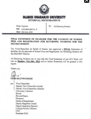 OOU notice to returning students on final extension of deadline for payment of school fees, 2022/2023 session