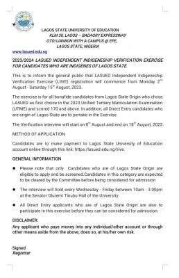LASUED indigeneship verification exercise for Lagos State Indigenes, 2023/2024