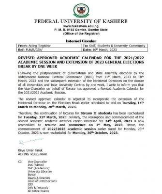 FUKASHERE extends resumption date, announces revised academic calendar, 2021/2022