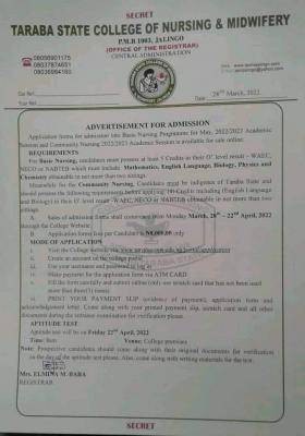 Taraba State College of Nursing and Midwifery admission, 2022/2023