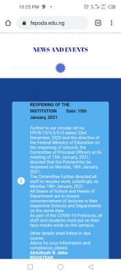 Federal Polytechnic idah resumption date