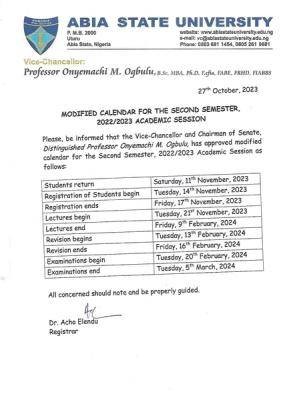 ABSU academic calendar for second semester, 2022/2023 session