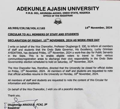 AAUA declares Nov 15th a work-free day