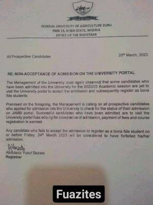 FUAZ notice on non-acceptance of admission