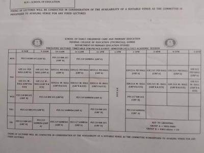 FCE (T) Gombe NCE II First semester Lectures Timetable, 2021/2022