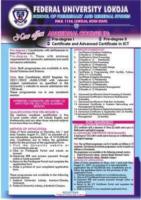 FULokoja school of preliminary and remedial studies admission into new courses, 2021/2022