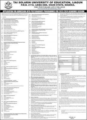 TASUED Postgraduate admission form for 2023/2024 session