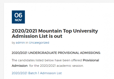 Mountain Top University 1st batch admission list for 2020/2021 session