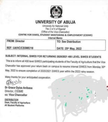 UNIABUJA notice to 400L SIWES students on resumption