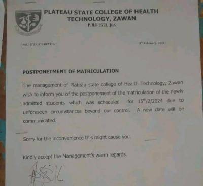 Plateau State College of Health Tech notice on postponement of matriculation