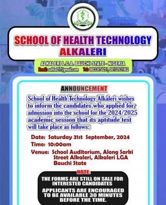 School of Health Tech, Alkaleri notice of aptitude test, 2024/2025