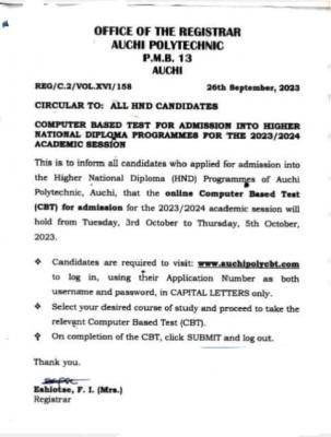 AUCHI POLY announces computer based test for admission into HND, 2023/2024