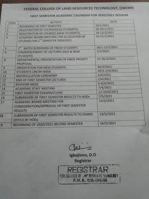 Federal College of Land Resources, Owerri 2020/2021 1st semester Academic calendar