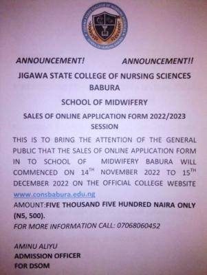 Jigawa State College of Nursing School of Midwifery admission, 2022/2023