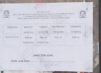 Bill & Melinda Gates College of Health Tech timetable for weeding exam - September 2023