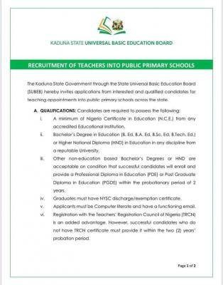 Kaduna State Universal Basic Education Board teachers' recruitment into public primary schools