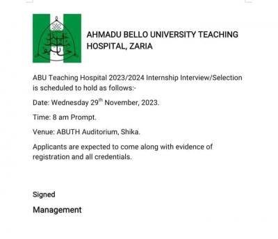 ABU Teaching Hospital 2023/2024 Internship Interview/Selection